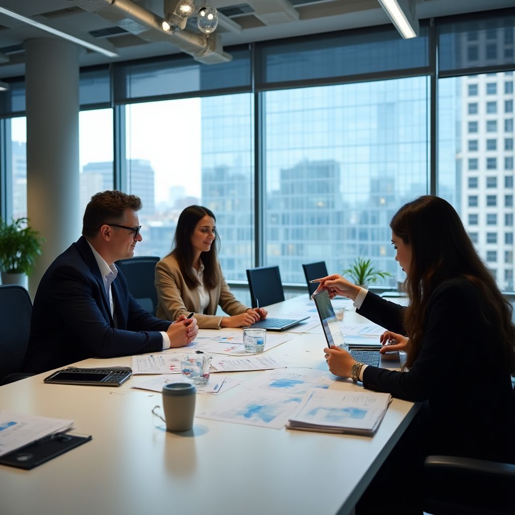 Equipo de consultores financieros en oficina moderna